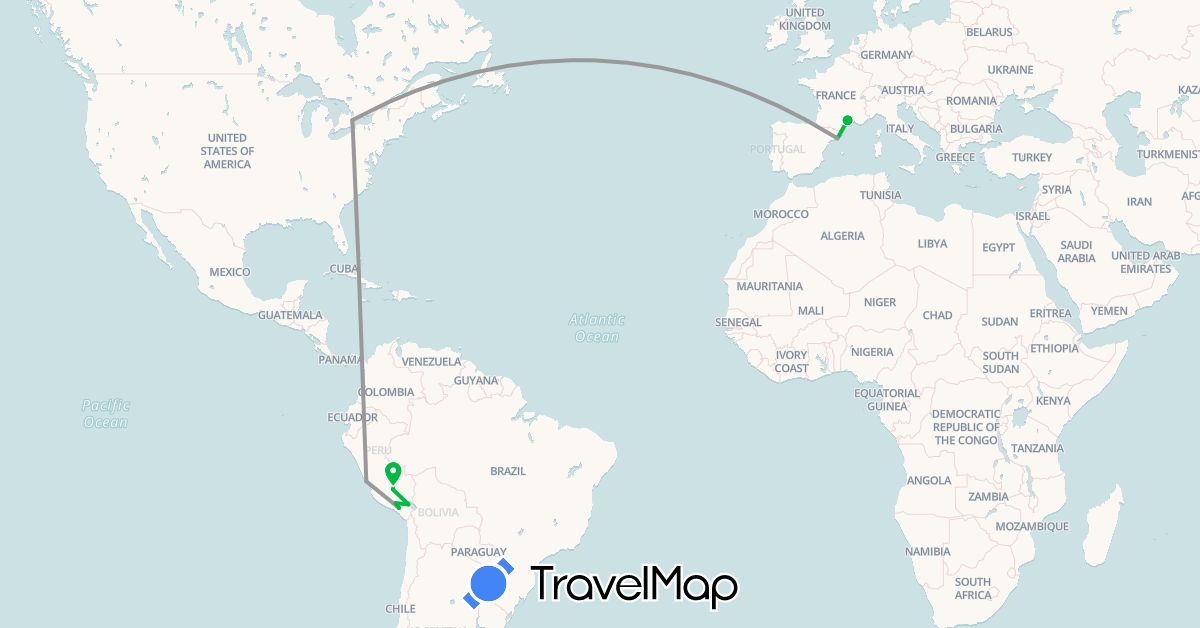 TravelMap itinerary: driving, bus, plane, boat in Canada, Spain, France, Peru (Europe, North America, South America)